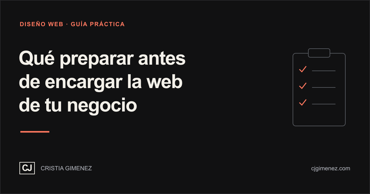 Portada oscura con el título Qué preparar antes de encargar la web de tu negocio, una lista visual y la marca CJGimenez.