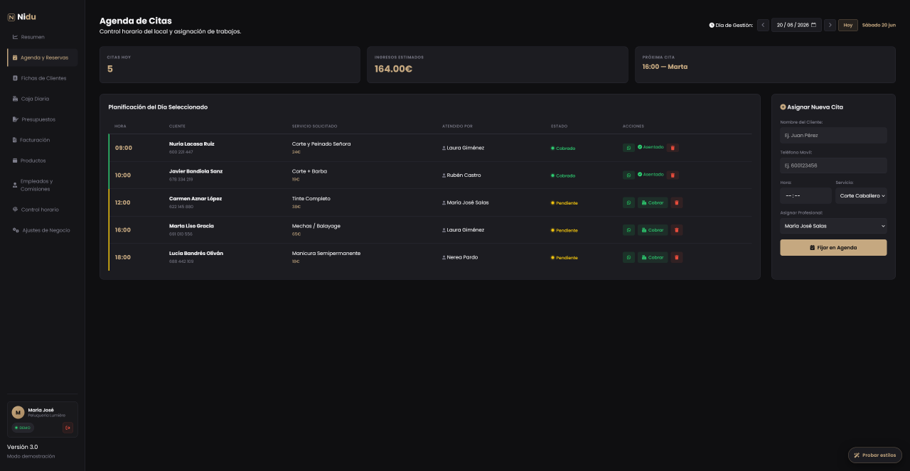Nidu en una peluquería: agenda de citas del día con cliente, servicio, profesional y estado de cobro