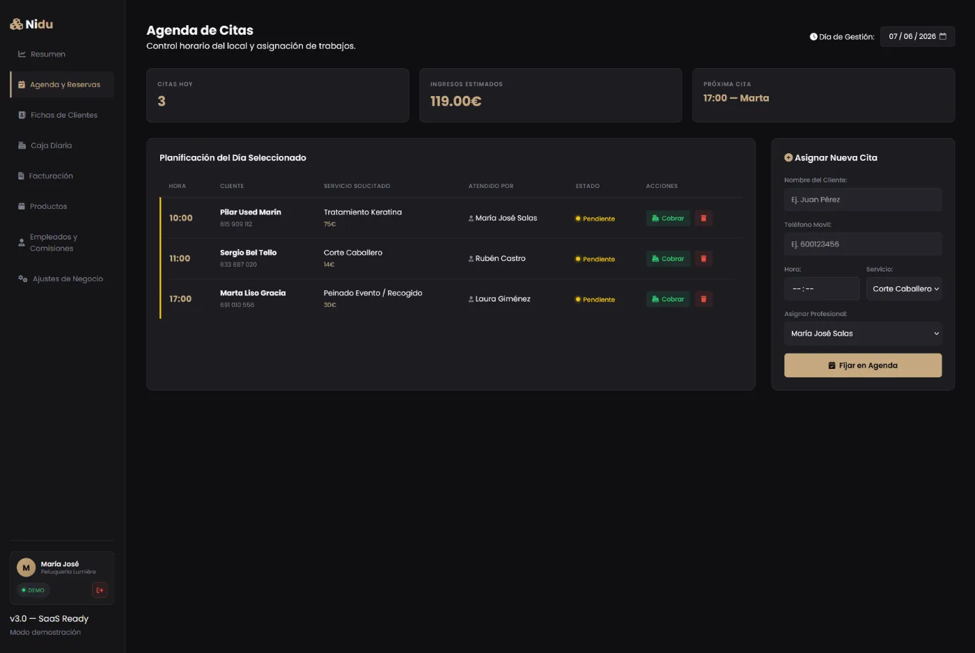Agenda de citas de Nidu con estados de cobro