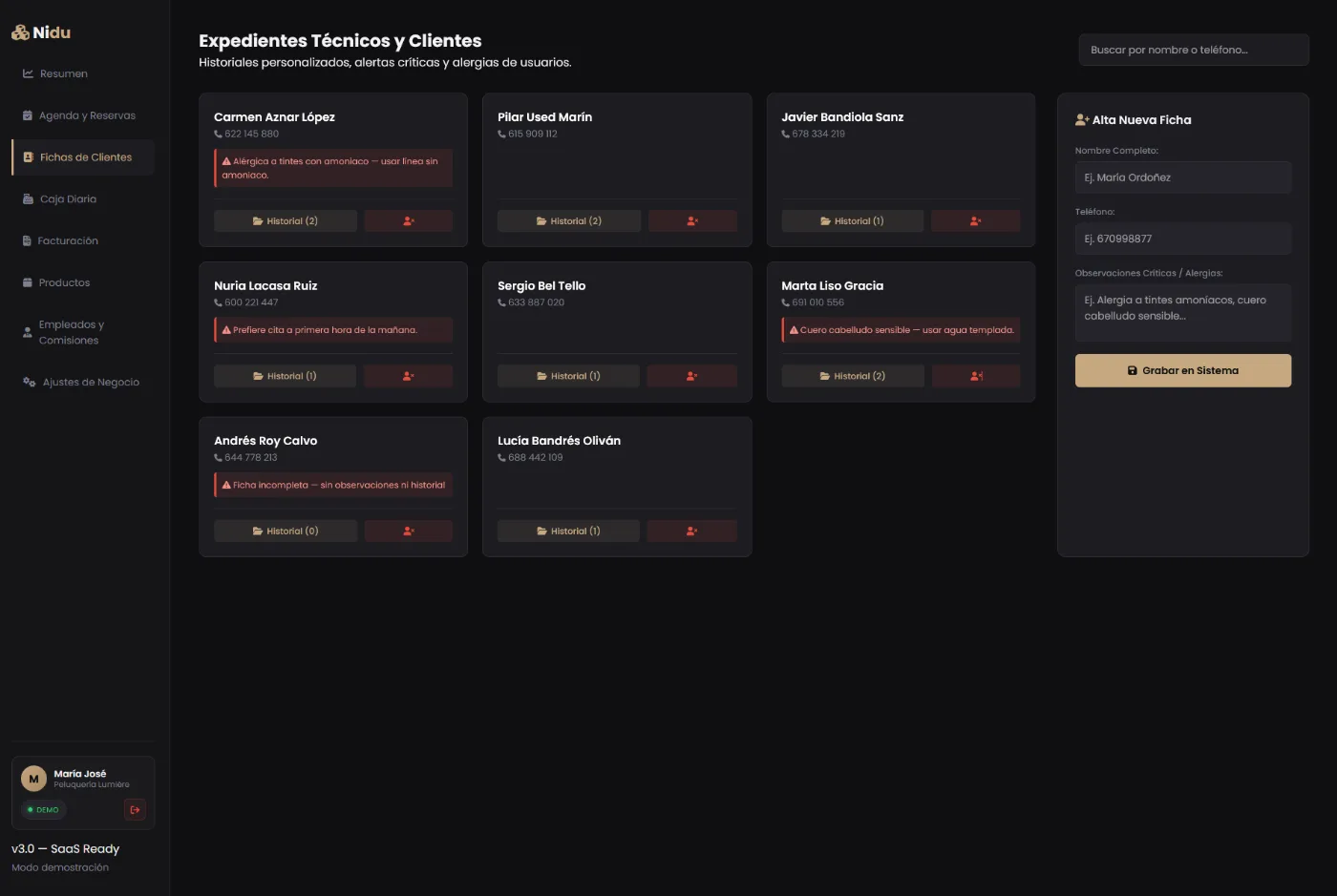 Fichas de clientes de Nidu con alertas