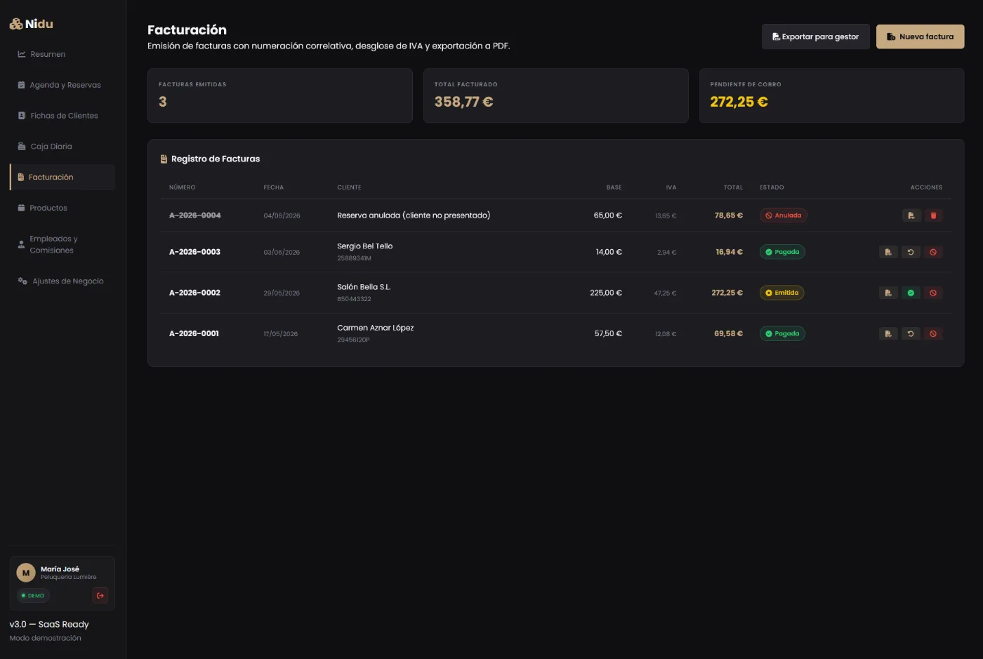 Facturación de Nidu preparada para Verifactu