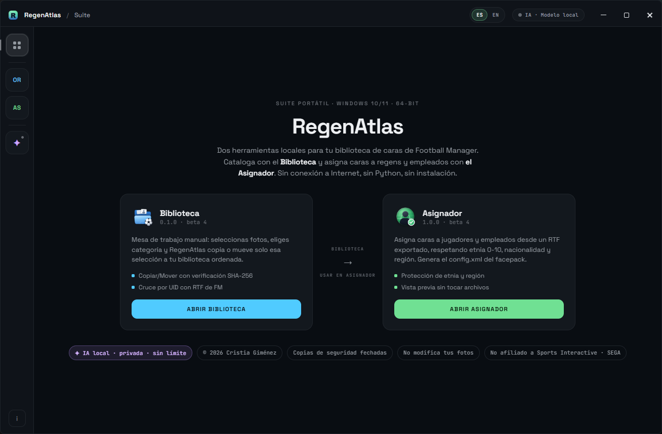 RegenAtlas — suite local para facepacks de Football Manager creada por Cristia Gimenez, con Biblioteca de caras y Asignador de regens con IA local