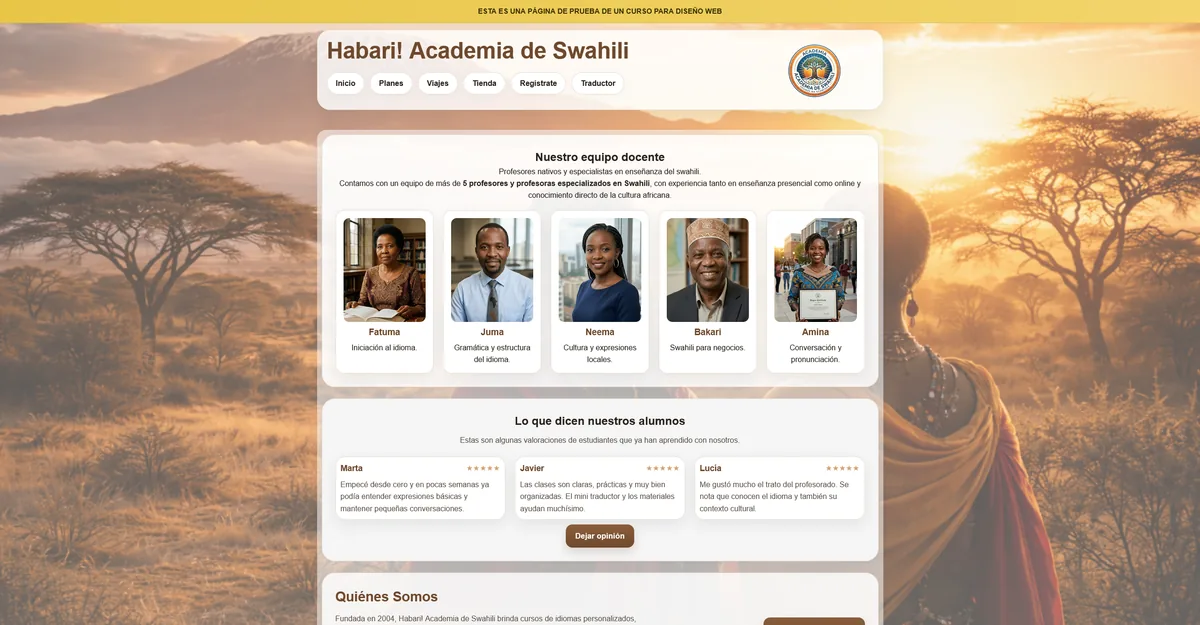 Academia Swahili — web educativa para una academia de idioma, diseño accesible por Cristia Gimenez